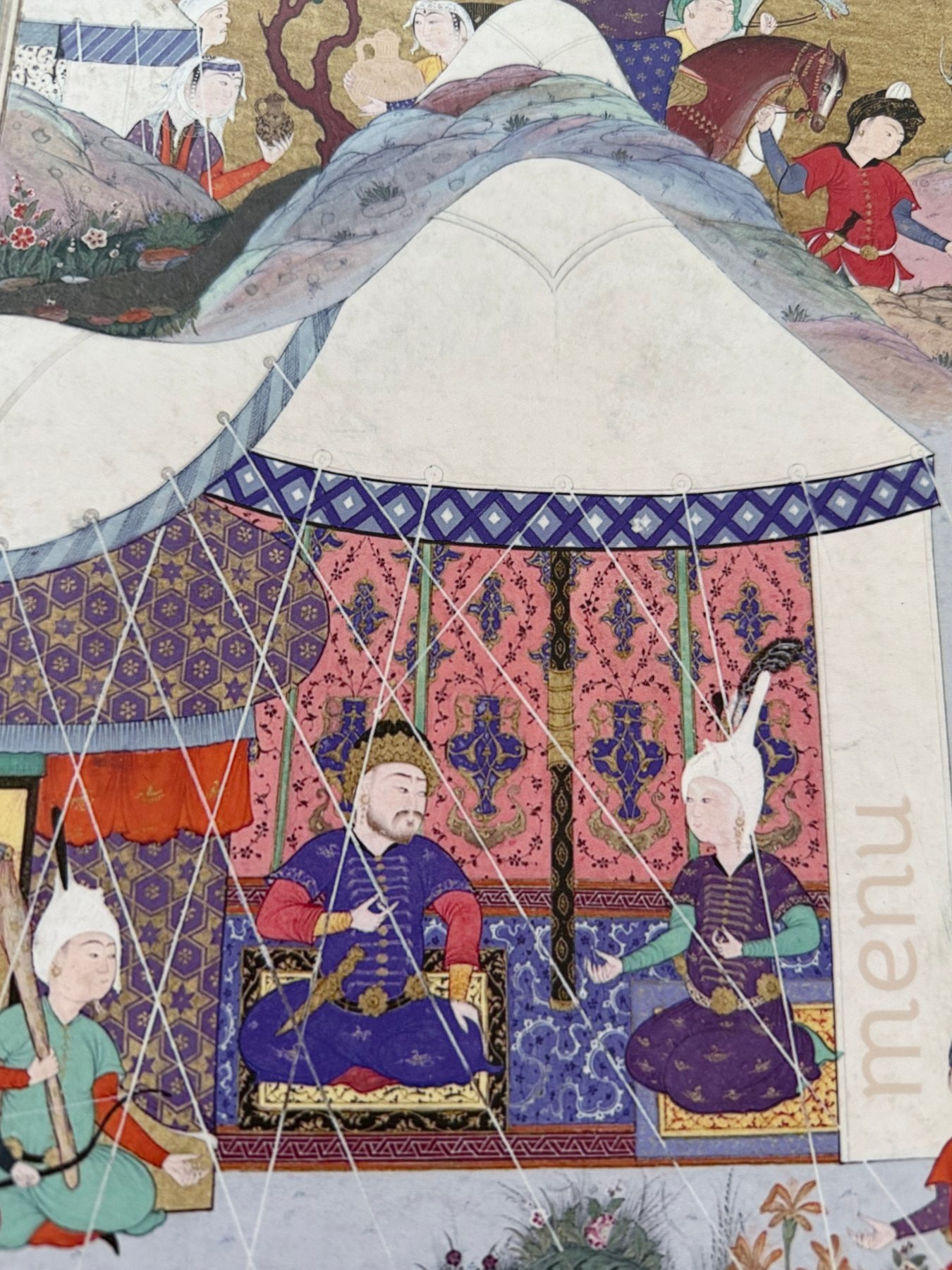 A painted historic scene showing figures gathered around a decorated yurt.