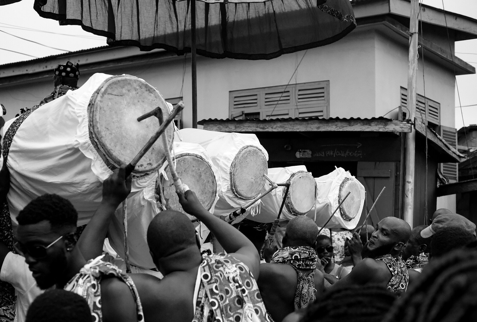 Oguaa drummers perform together during Fetu Afahye in Cape Coast, Ghana.