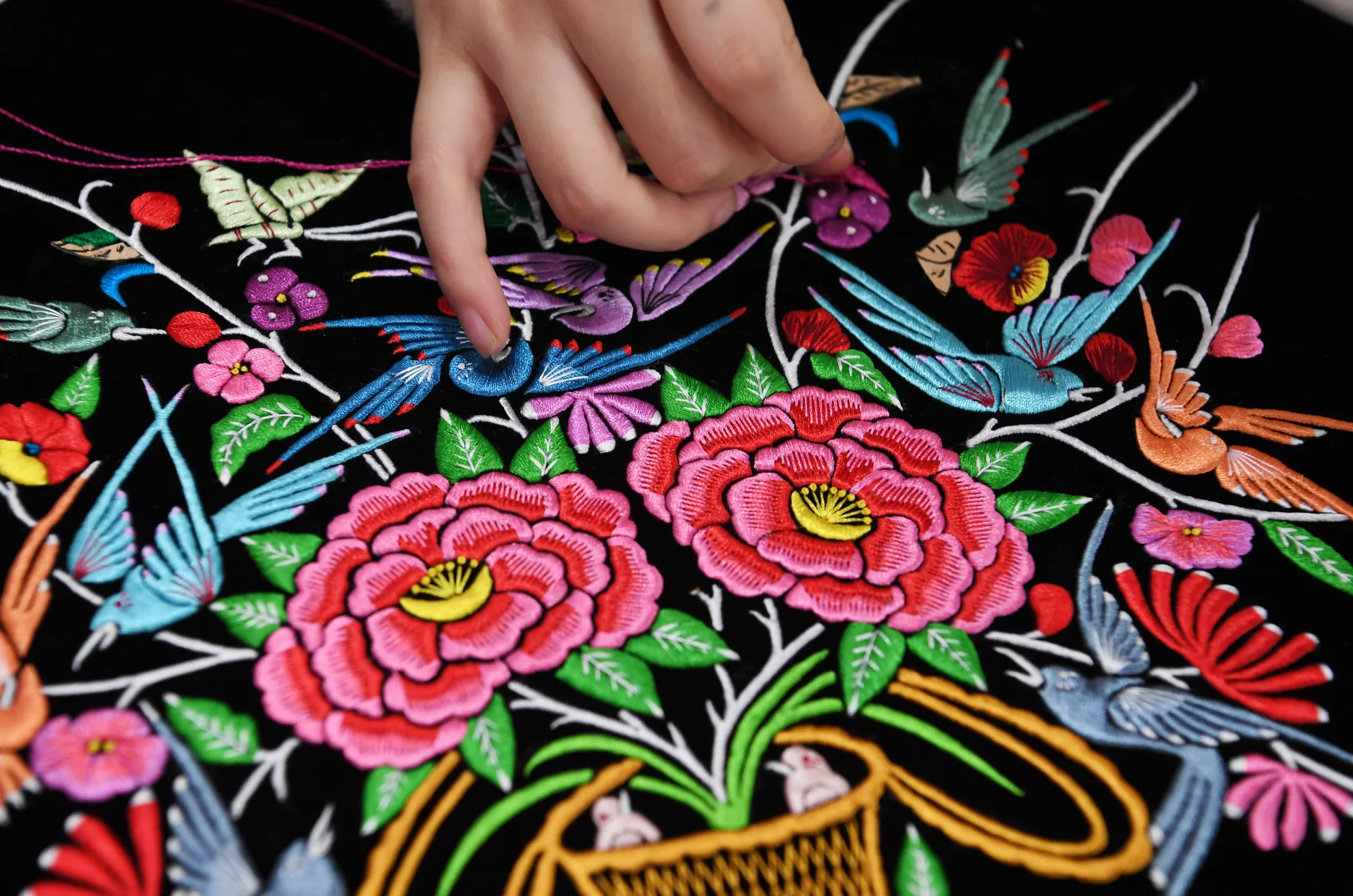 A hand guides bright thread over black fabric embroidered with flowers and birds